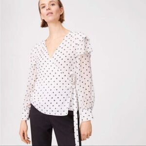 Club Monaco White Polka Dot Strils 100% Silk Wrap Top, Size XS
